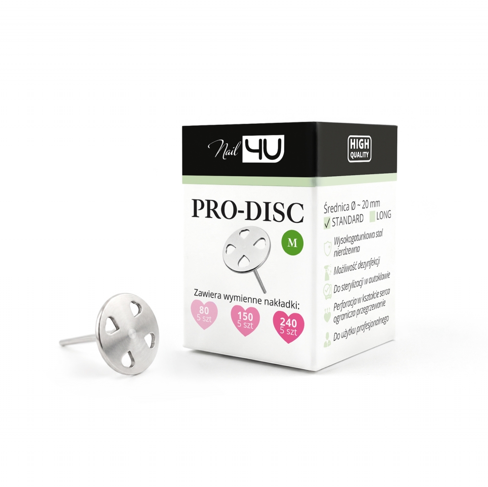 Pododysk Nail4u PROdisc Standard M Ø20 mm ze stali nierdzewnej obok pudełka z nakładkami 80, 150 i 240