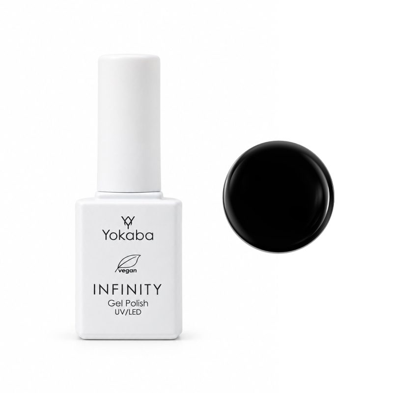 Lakier hybrydowy Yokaba Infinity 02 Black Diamond 7 ml, butelka i próbka koloru