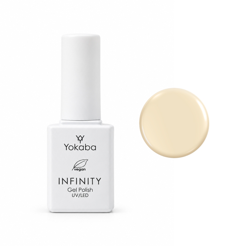 Lakier hybrydowy Yokaba Infinity 03 Vanilla Cream 7 ml, butelka i próbka koloru