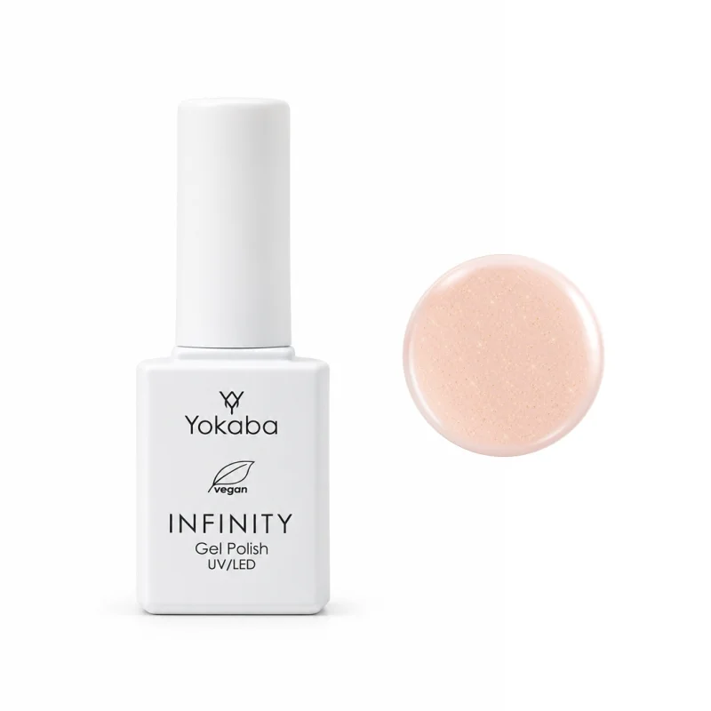 Lakier hybrydowy Yokaba Infinity 04 Champagne Glow 7 ml, butelka i próbka koloru z drobinkami