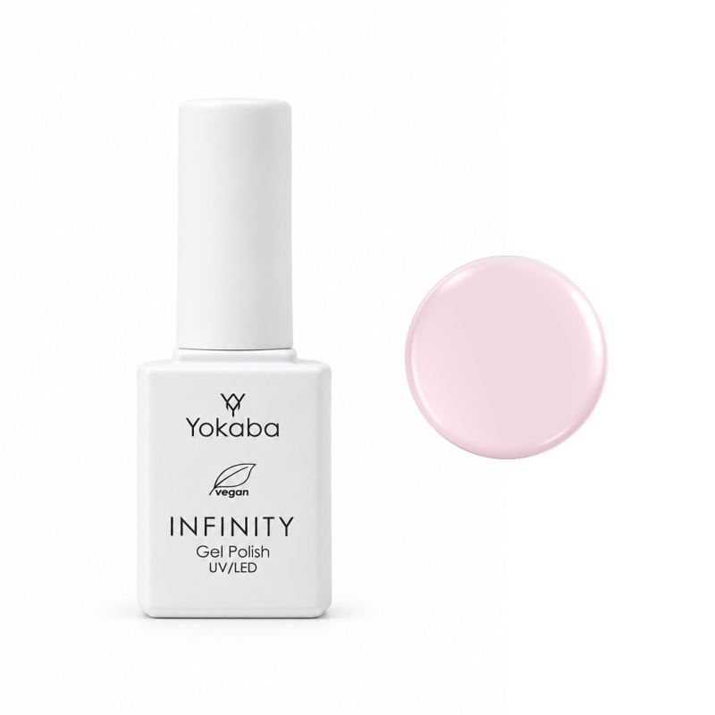Lakier hybrydowy Yokaba Infinity 06 Baby Blush 7 ml, butelka i próbka koloru