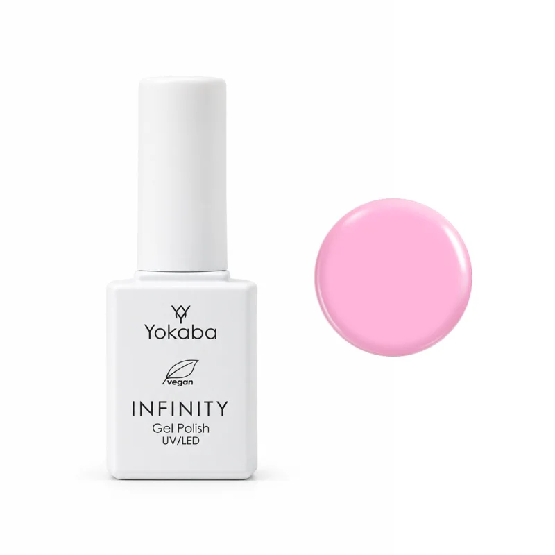 Lakier hybrydowy Yokaba Infinity 07 Candy Pink 7 ml, butelka i próbka koloru