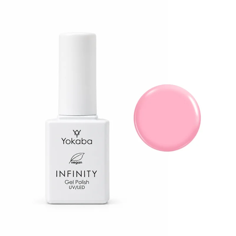 Lakier hybrydowy Yokaba Infinity 08 Pink Sugar 7 ml, butelka i próbka koloru