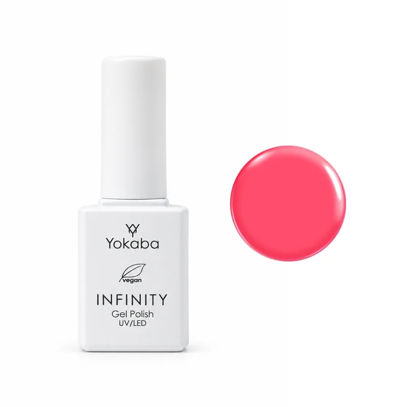 Lakier hybrydowy Yokaba Infinity 09 Pink Flash 7 ml, butelka i próbka koloru