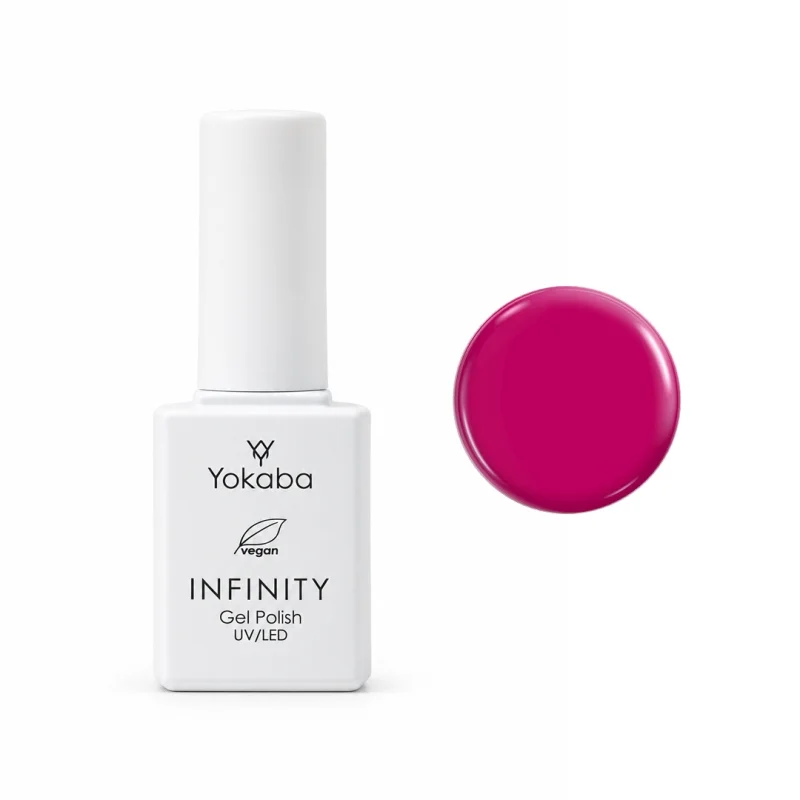 Lakier hybrydowy Yokaba Infinity 11 Magenta 7 ml, butelka i próbka koloru
