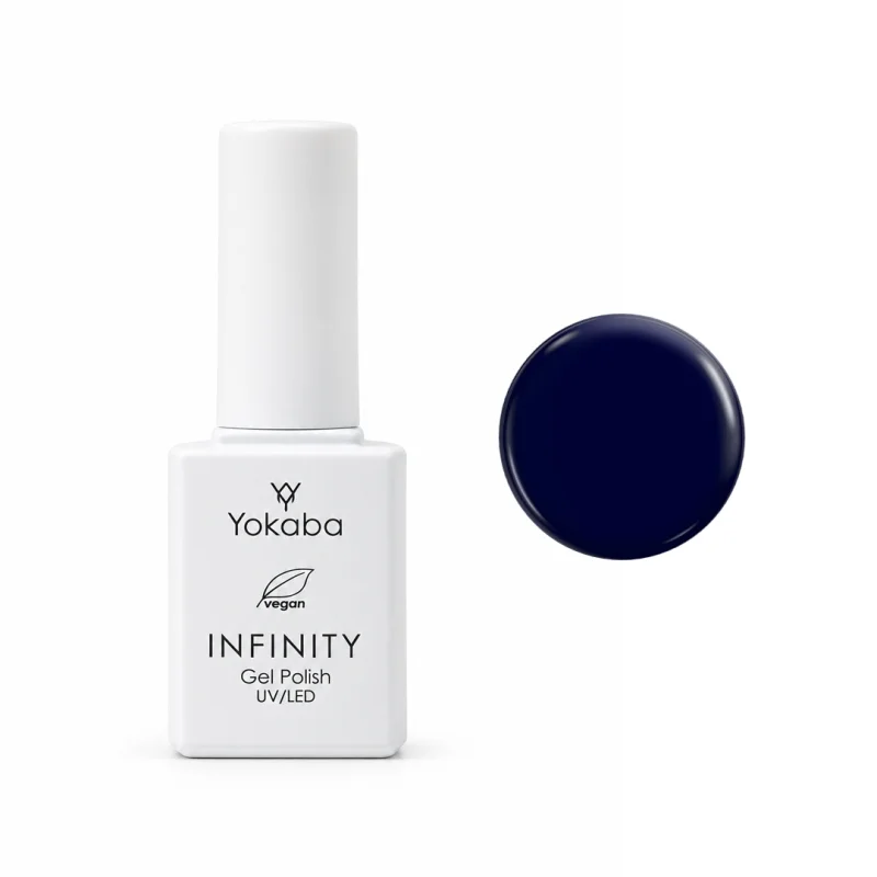 Lakier hybrydowy Yokaba Infinity 17 Midnight 7 ml, butelka i próbka koloru