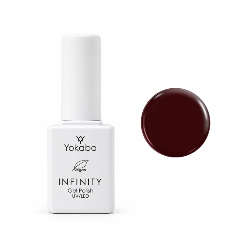 Lakier hybrydowy Yokaba Infinity 21 Velvet Vine 7 ml, butelka i próbka koloru