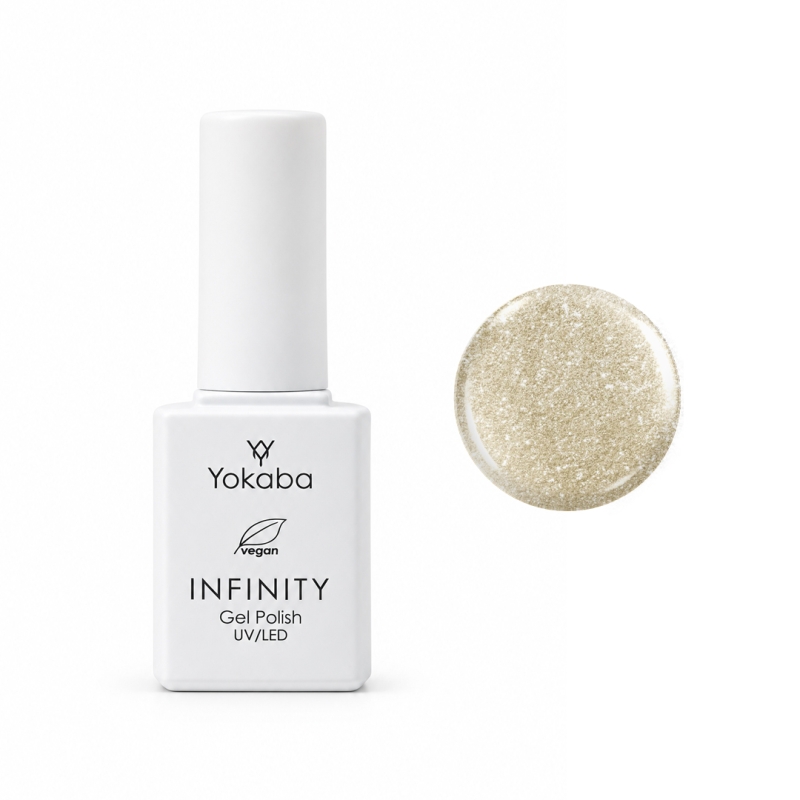 Lakier hybrydowy Yokaba Infinity 23 Gold Dust 7 ml, butelka i próbka koloru z drobinkami