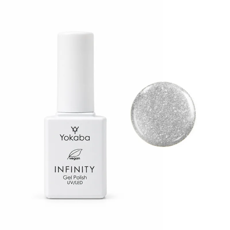 Lakier hybrydowy Yokaba Infinity 24 Silver Dust 7 ml, butelka i próbka koloru z drobinkami