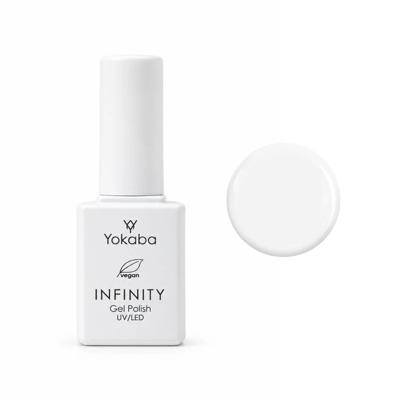 Lakier hybrydowy Yokaba Infinity 01 White Snow 7 ml, butelka i próbka koloru