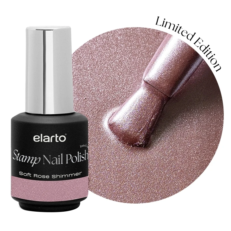 Lakier do stempli Elarto Stamp Nail Polish Soft Rose Shimmer 7 ml, różowy, butelka i próbka koloru z pędzelkiem, napis Limited Edition