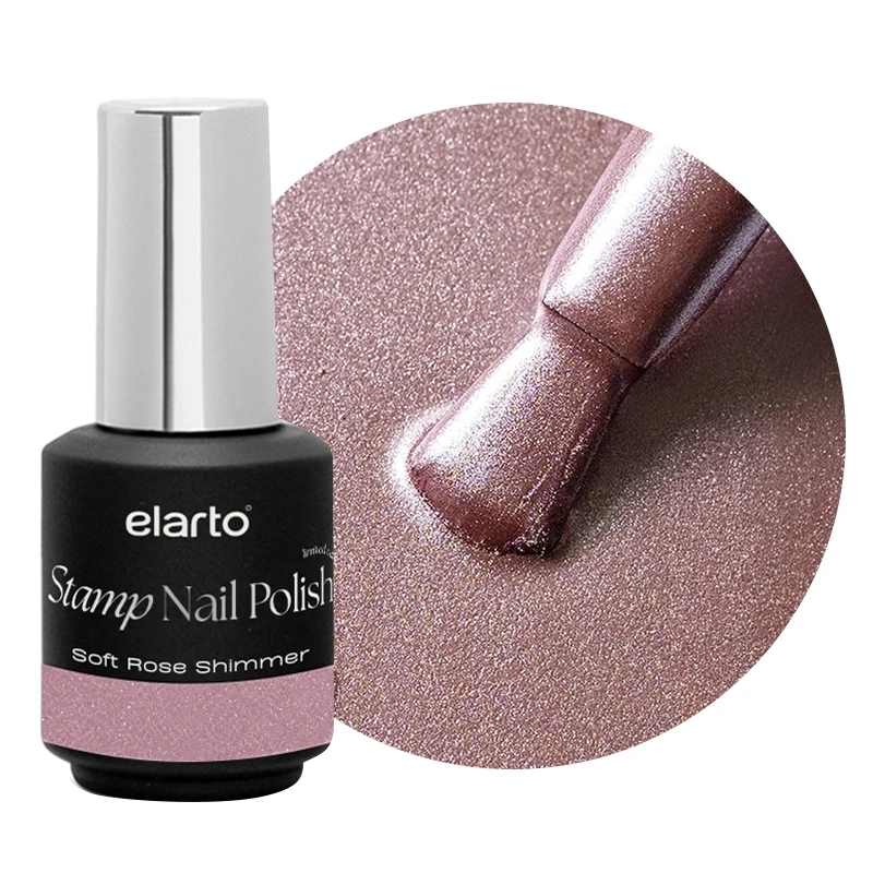 Lakier do stempli Elarto Stamp Nail Polish Soft Rose Shimmer 7 ml, różowy, butelka i próbka koloru z pędzelkiem