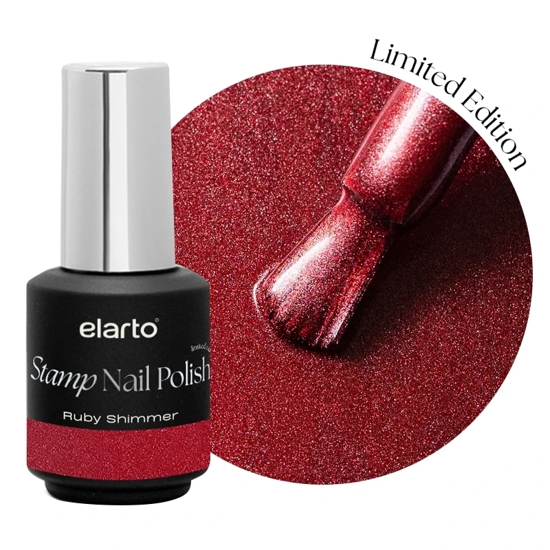 Lakier do stempli Elarto Stamp Nail Polish Ruby Shimmer 7 ml, rubinowy, butelka i próbka koloru z pędzelkiem, napis Limited Edition