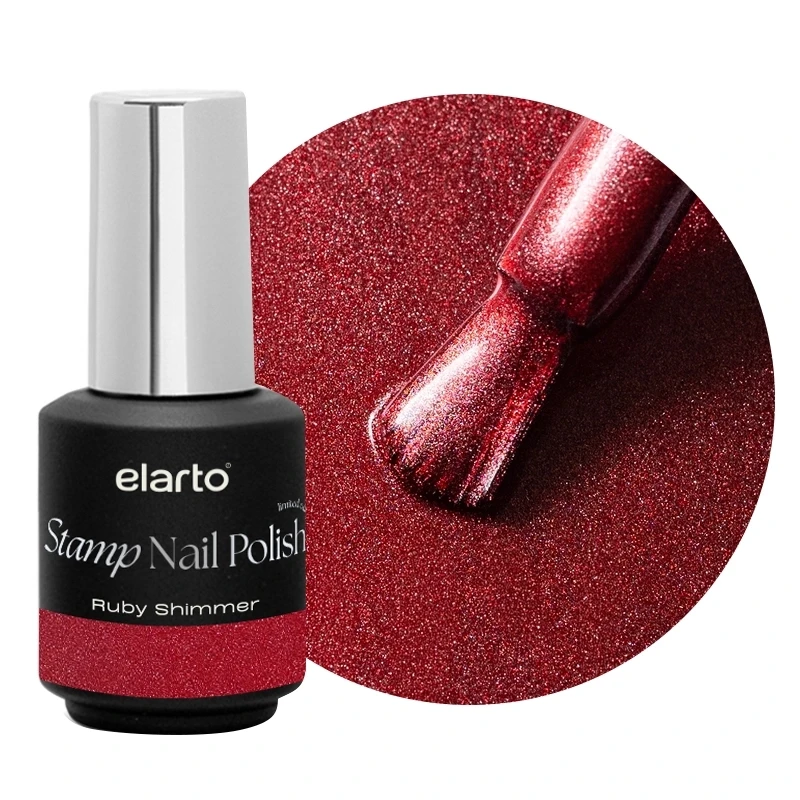 Lakier do stempli Elarto Stamp Nail Polish Ruby Shimmer 7 ml, rubinowy, butelka i próbka koloru z pędzelkiem