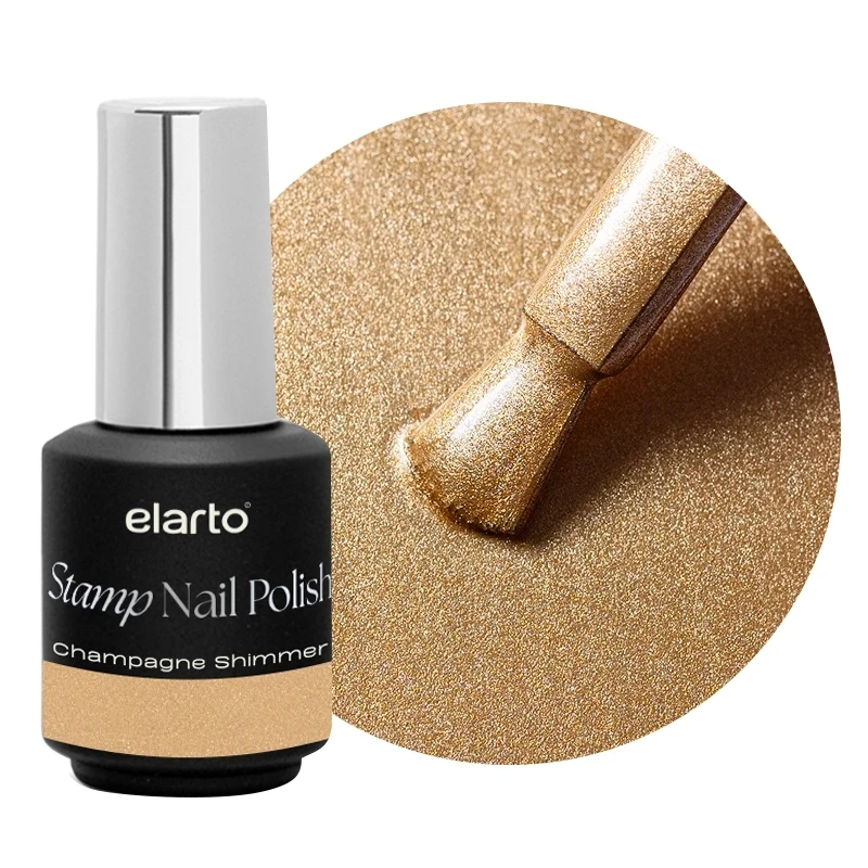Lakier do stempli Elarto Stamp Nail Polish Champagne Shimmer 7 ml, szampański, butelka i próbka koloru z pędzelkiem
