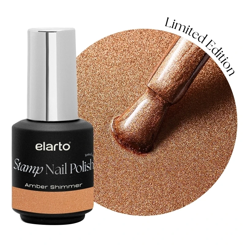 Lakier do stempli Elarto Stamp Nail Polish Amber Shimmer 7 ml, miedziany, butelka i próbka koloru z pędzelkiem, napis Limited Edition