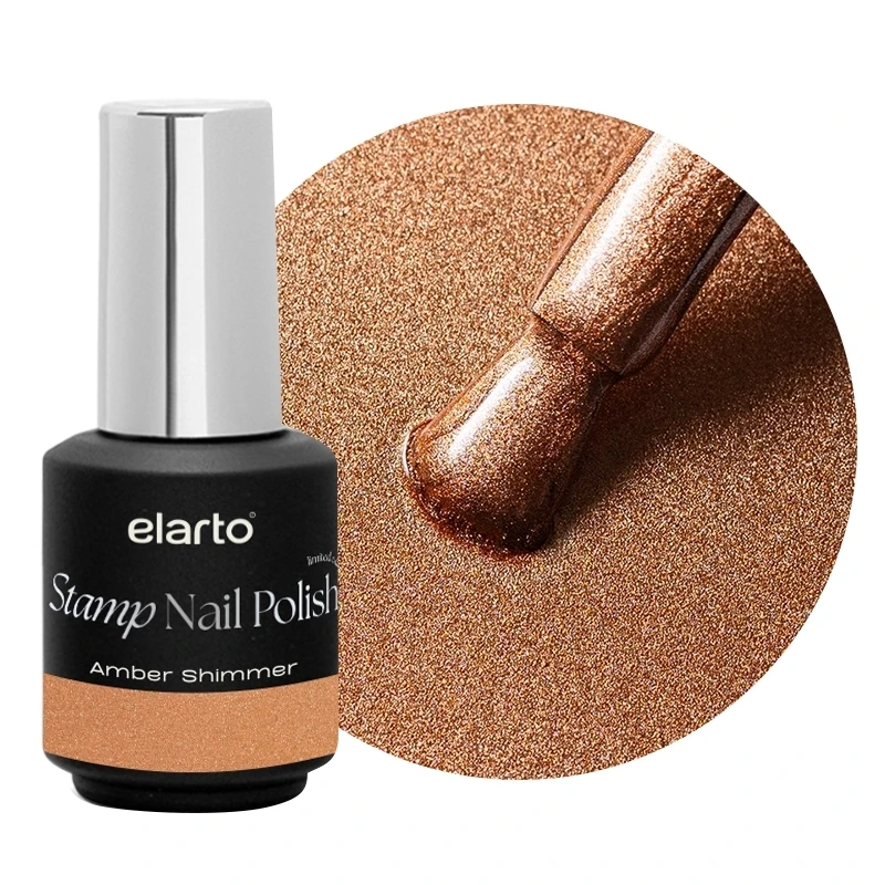 Lakier do stempli Elarto Stamp Nail Polish Amber Shimmer 7 ml, miedziany, butelka i próbka koloru z pędzelkiem