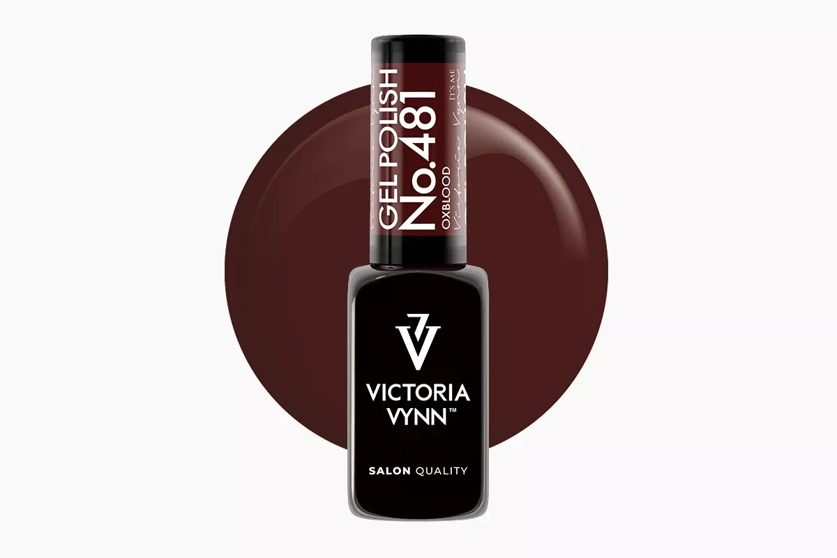 Victoria Vynn Gel Polish 481 Oxblood 8 ml, butelka lakieru hybrydowego na tle ciemnoczerwonego wybarwienia