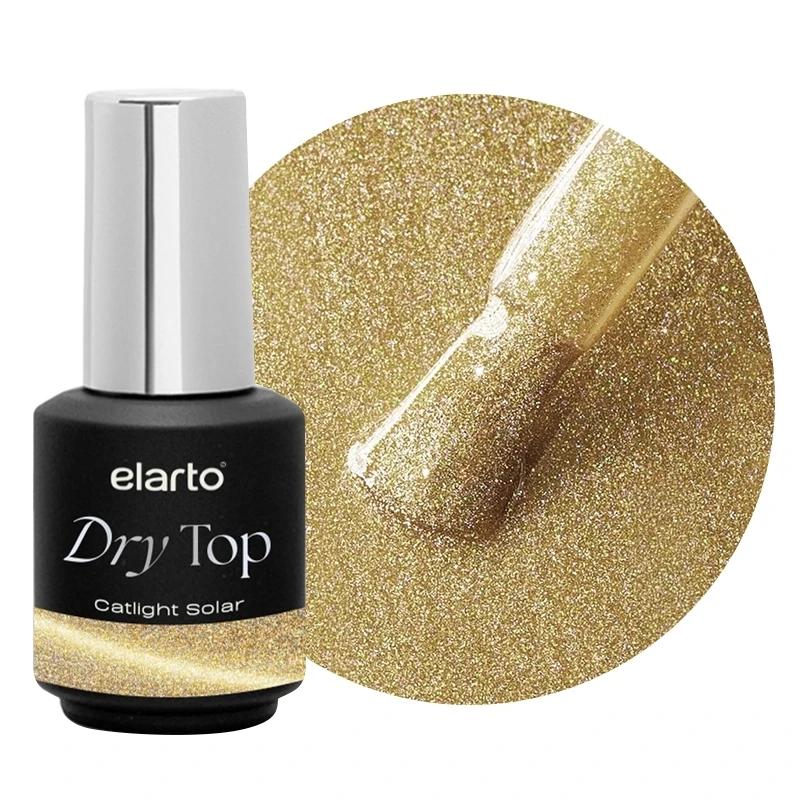 Elarto Top kocie oko i holo w jednym Catlight Solar 7ml - czarna butelka Dry Top ze srebrną nakrętką obok okrągłego kadru z pędzelkiem w złotym topie z holograficznymi drobinami