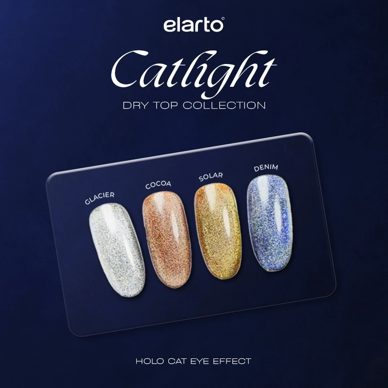 Elarto Zestaw topów kocie oko i holo Catlight 4 x 7ml - plansza Catlight Dry Top Collection z czterema wzornikami na tipsach: Glacier, Cocoa, Solar i Denim