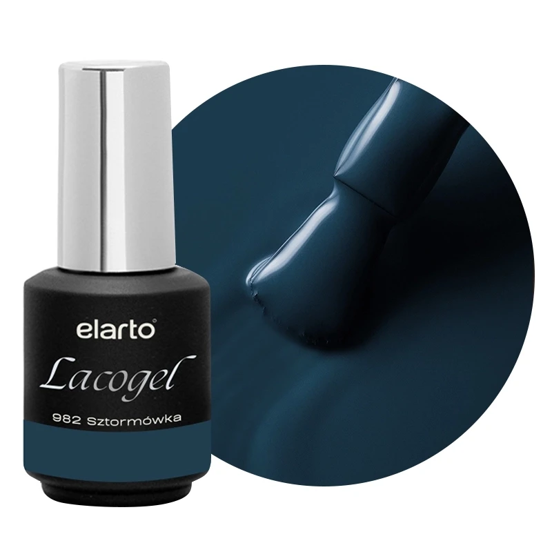 Elarto Lakier hybrydowy Lacogel Sztormówka nr 982 7ml - czarna butelka ze srebrną nakrętką i etykietą 982 Sztormówka obok okrągłego kadru z pędzelkiem w kolorze ciemnego morskiego granatu w stronę petrol blue