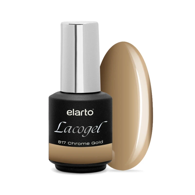 Elarto Lakier hybrydowy Lacogel Chrome Gold nr 817 7ml - czarna butelka ze srebrną nakrętką i etykietą 817 Chrome Gold obok owalnego wzornika w kolorze piaskowego złota