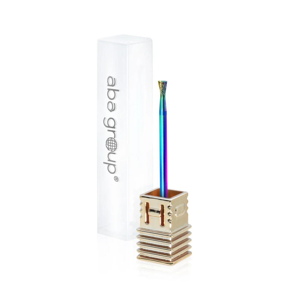 Frez diamentowy Aba Group 720-37 R Rainbow, odwrócony stożek, w złotym uchwycie obok etui