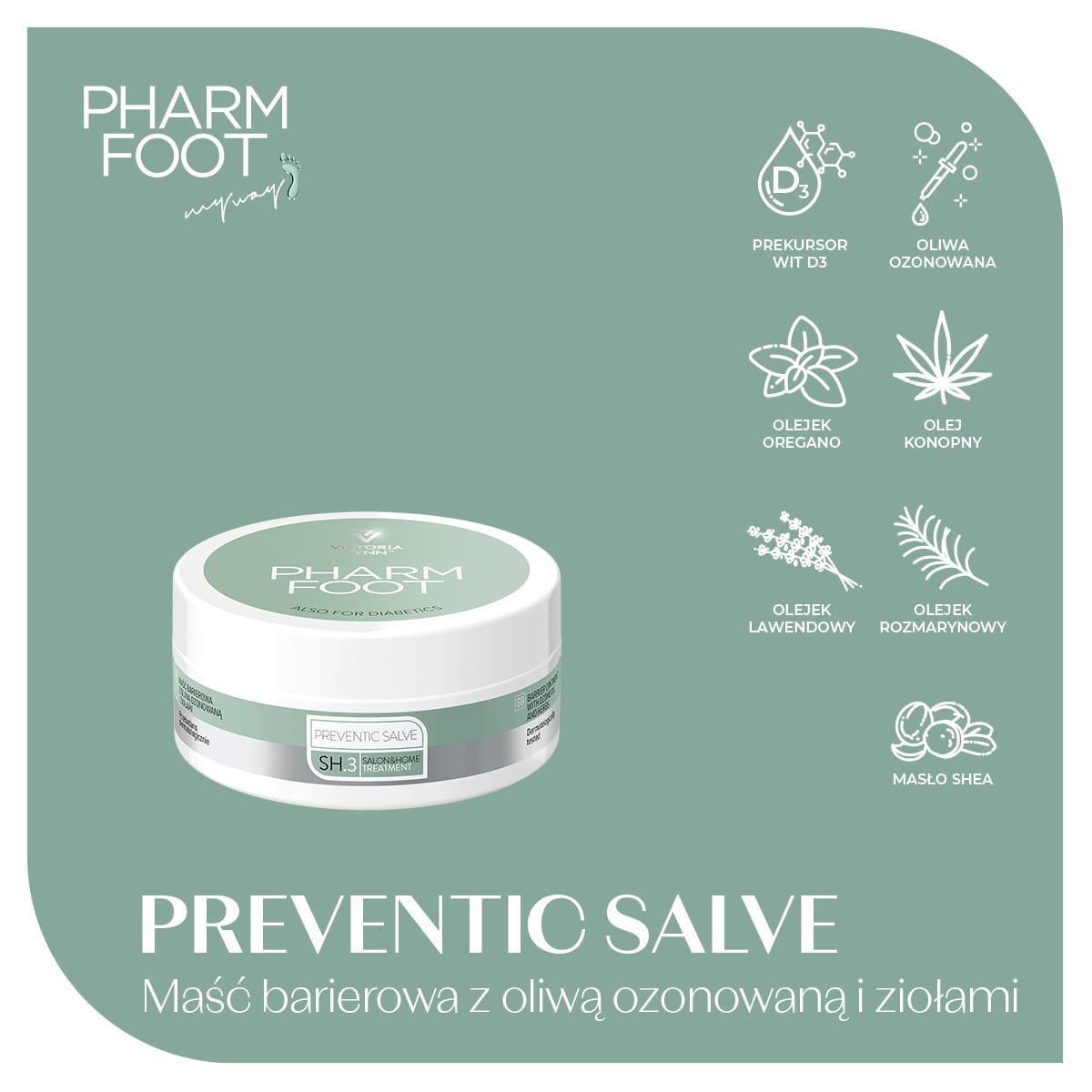 Składniki aktywne maści PREVENTIC SALVE: oliwa ozonowana, olejki oregano, lawendowy i rozmarynowy, olej konopny, masło shea, prekursor wit. D3