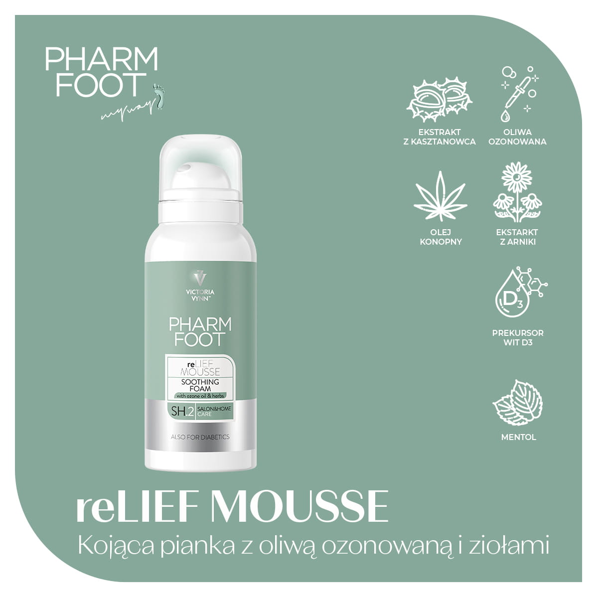 Składniki aktywne pianki reLIEF MOUSSE: oliwa ozonowana, ekstrakt z arniki i kasztanowca, olej konopny, mentol, prekursor wit. D3