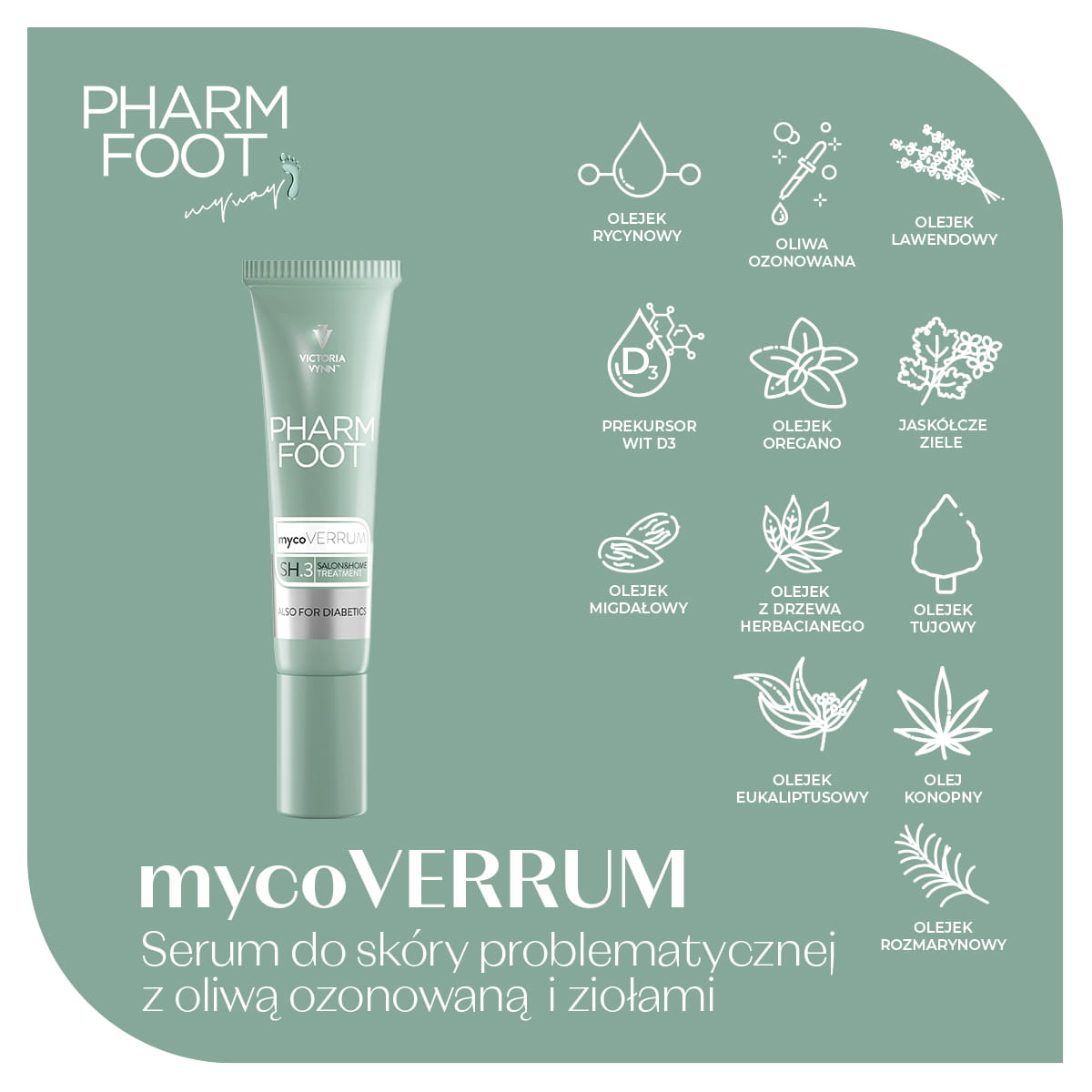 Składniki aktywne serum mycoVERRUM: oliwa ozonowana, jaskółcze ziele, olejki tujowy, oregano i z drzewa herbacianego oraz inne