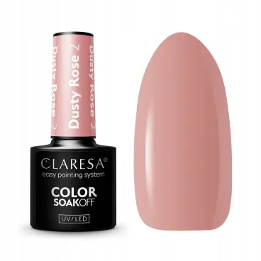 Packshot lakieru hybrydowego Claresa Dusty Rose 2 z wymalowanym swatchem w przygaszonym różanym nudzie z beżowym podtonem