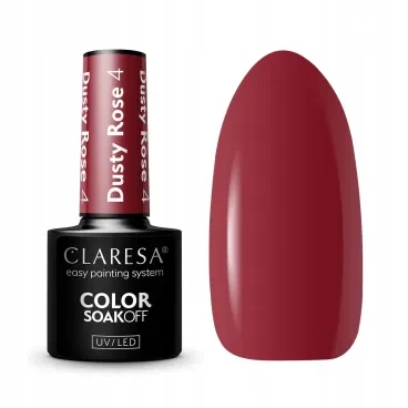 Packshot lakieru hybrydowego Claresa Dusty Rose 4 z próbnikiem przygaszonej ceglastej czerwieni