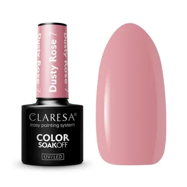 Packshot lakieru hybrydowego Claresa Dusty Rose 7 z butelką i wymalowanym swatchem pudrowego różu