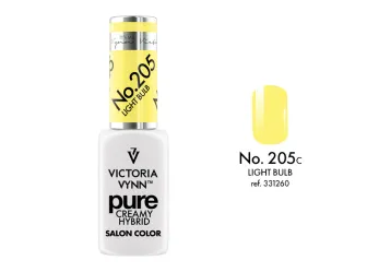 Lakier hybrydowy Victoria Vynn Pure Vegan Creamy Hybrid 205 Light Bulb 8 ml, butelka i wzornik koloru na tipsie