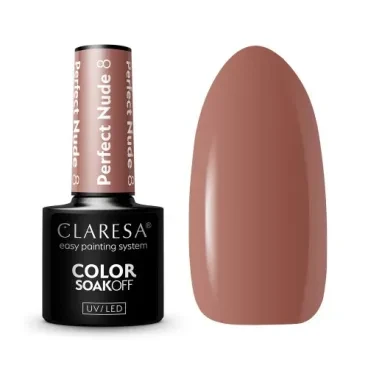 Packshot lakieru hybrydowego Claresa Perfect Nude 8 — buteleczka 5 g obok swatcha w jasnym, chłodnym porcelanowym nude