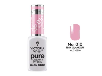 Lakier hybrydowy Victoria Vynn Pure Creamy Hybrid 010 Pink Glamour 8 ml, butelka i wzornik koloru na tipsie
