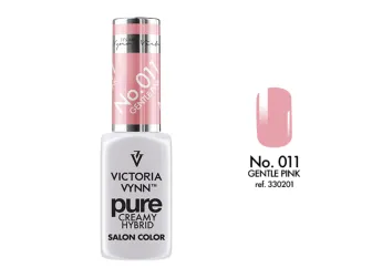 Lakier hybrydowy Victoria Vynn Pure Creamy Hybrid 011 Gentle Pink 8 ml, butelka i wzornik koloru na tipsie