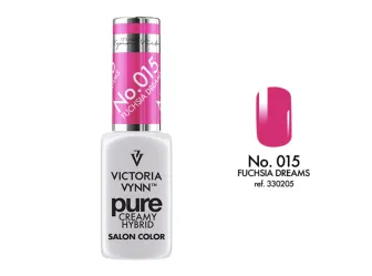 Lakier hybrydowy Victoria Vynn Pure Creamy Hybrid 015 Fuchsia Dream 8 ml, butelka i wzornik koloru na tipsie