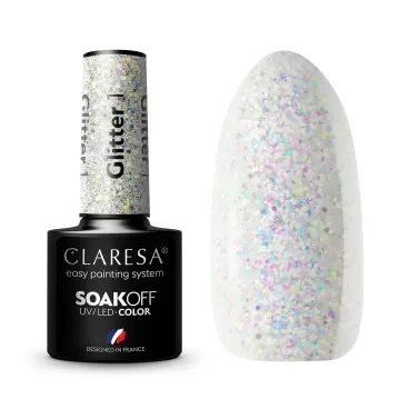 Swatch lakieru hybrydowego Claresa Glitter 1 — perłowobiała baza z gęstym wielokolorowym brokatem migoczącym różem, liliowym i błękitem.