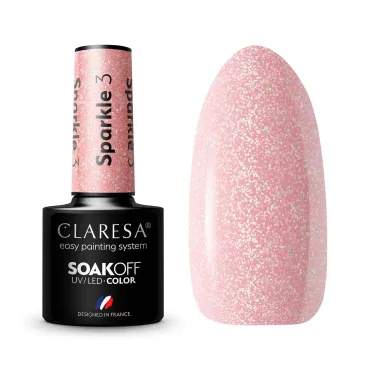 Butelka lakieru hybrydowego Claresa Sparkle 3 w pudrowym różu z brokatem