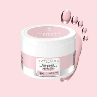 Słoik peelingu FOOT SCRAPER Pharm Foot 200 g na różowym tle