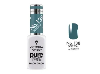 Lakier hybrydowy Victoria Vynn Pure Creamy Hybrid 138 Soft Teal 8 ml, butelka i wzornik koloru na tipsie
