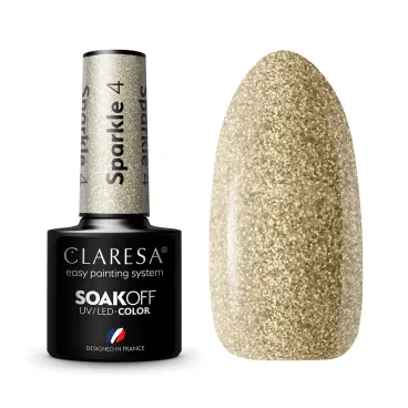Buteleczka Claresa Sparkle 4 z wymalowanym swatchem w kolorze szampańskiego złota z brokatem