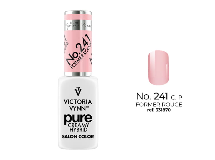 Lakier hybrydowy Victoria Vynn Pure Creamy Hybrid 241 Former Rouge 8 ml, butelka i wzornik koloru na tipsie
