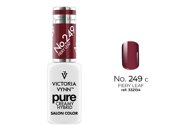 Lakier hybrydowy Victoria Vynn Pure Creamy Hybrid 249 Fiery Leaf 8 ml, butelka i wzornik koloru na tipsie
