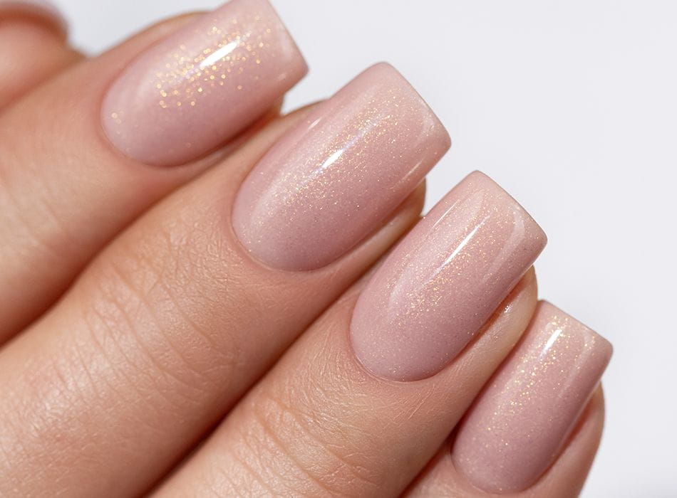 Mega Base Shimmer Peach - brzoskwiniowe paznokcie ze zlotym brokatem, efekt bazy budującej Victoria Vynn