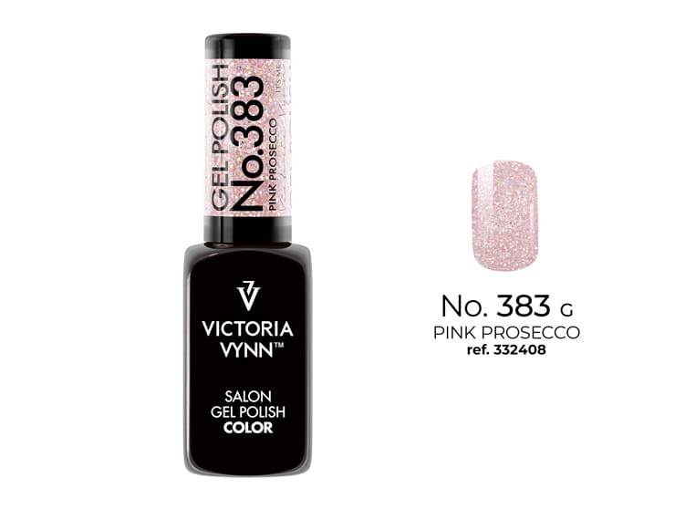 Lakier hybrydowy 383 Pink Prosecco - delikatny róż wysypany holograficznym brokatem na paznokciach