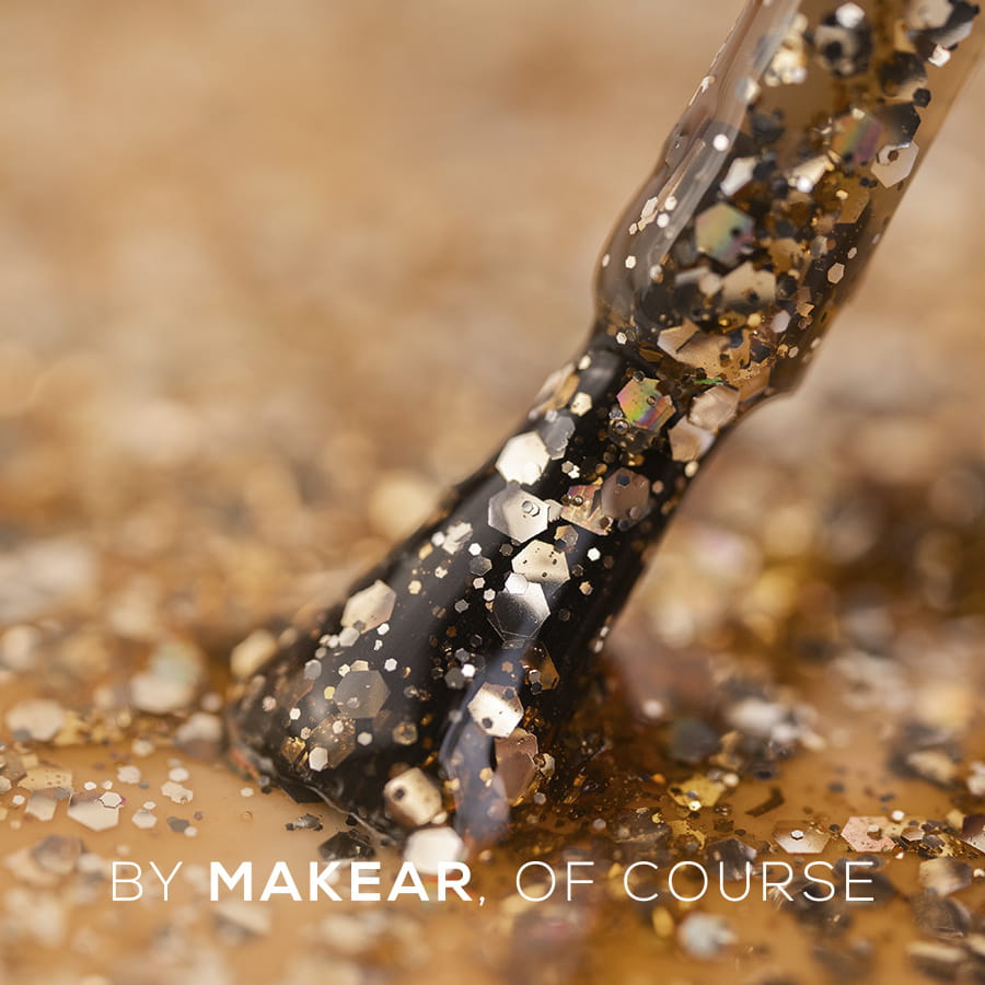 Makear S63 Gold Star - złoty lakier hybrydowy z brokatem na paznokciach, 8 ml