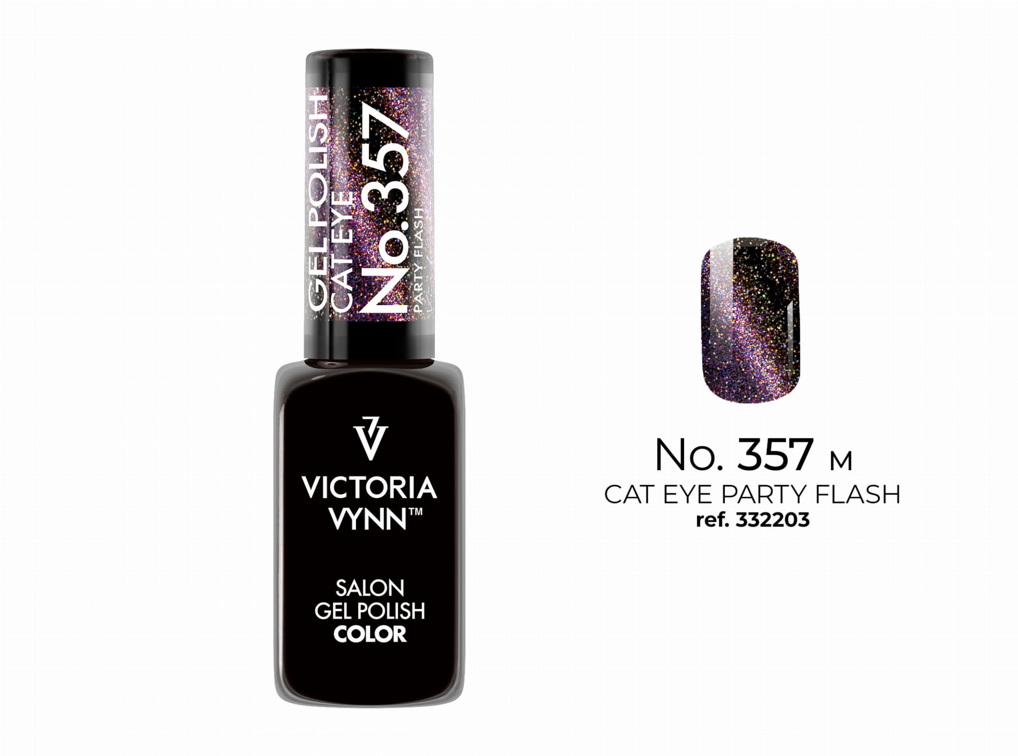 Lakier hybrydowy Victoria Vynn Gel Polish Cat Eye No. 357 Party Flash 8 ml - zróżnicowany fiolet z iskrzącą drobiną i magnetyczną smugą cat eye