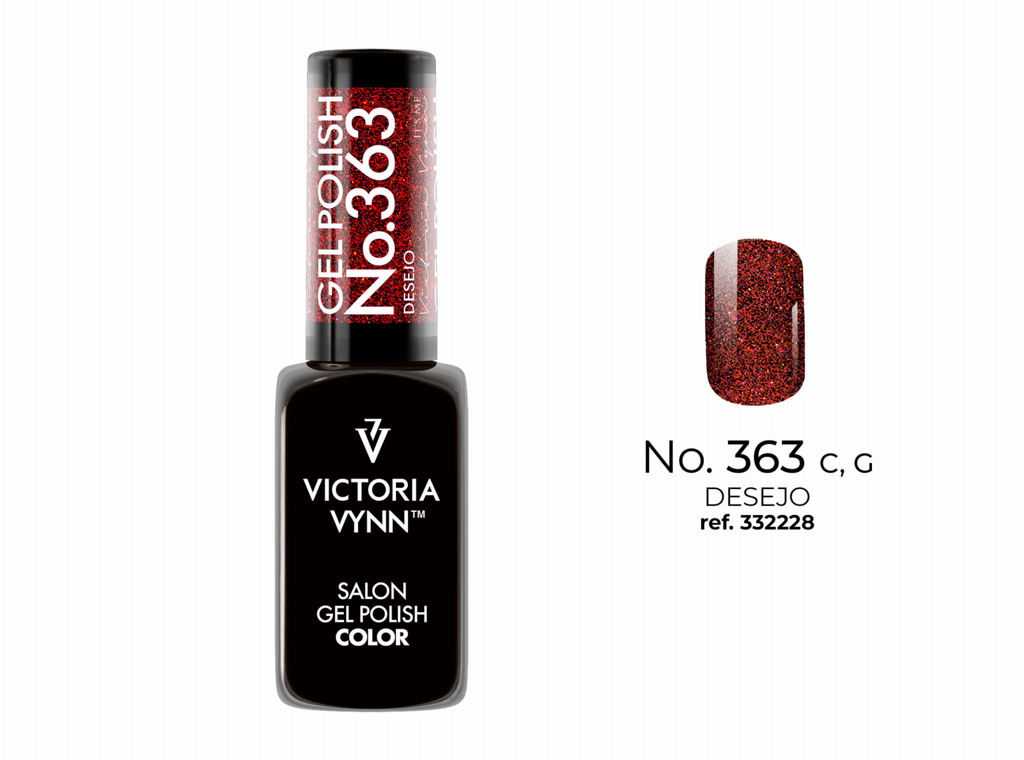 Lakier hybrydowy Victoria Vynn 363 Desejo 8 ml - soczysta czerwień z brokatem, butelka